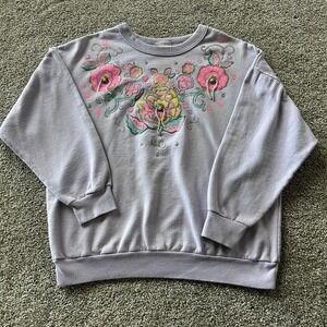 Vintage Variety Sweatshirt Womens XL Purple Fleece Floral Glitter Beaded Graphic